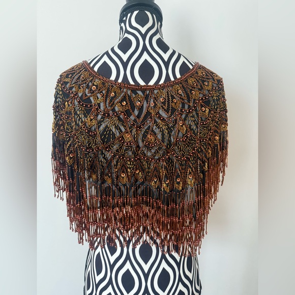Gorgeous Vintage 70s 80s Sequin & Beaded Art Deco Shawl Capelet Rose Gold Bronze - Picture 9 of 15